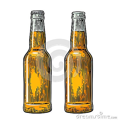 Open and close beer bottle. Vintage black and color vector engraving illustration. Vector Illustration