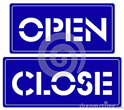 Open and Close blue hanging sign on white background. Tag, Sign for door. Vector illustration. Cartoon Illustration