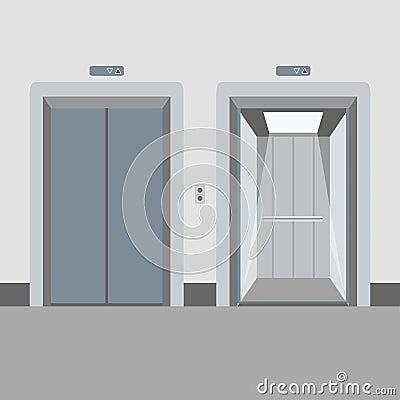 Open and close elevator doors metal, empty hall interior with waiting lift floor ceiling and wall vector Vector Illustration