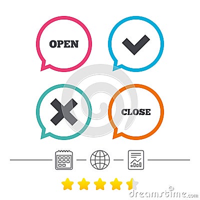 Open and Close icons. Check or Tick. Delete sign. Vector Illustration