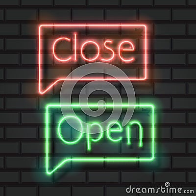 Open close neon signs on dark background vector Vector Illustration