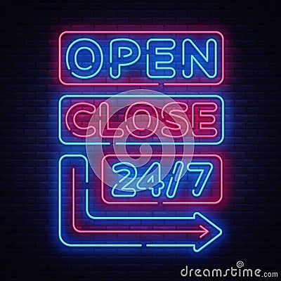 Open Close neon signs vector. Neon Signboards Design template, light banner, night signboard, nightly bright advertising Vector Illustration