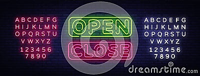 Open Close Neon Text Vector. Open Close neon signboard, design template, modern trend design, night neon signboard Vector Illustration