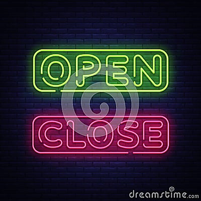 Open Close Neon Text Vector. Open Close neon signboard, design template, modern trend design, night neon signboard Vector Illustration