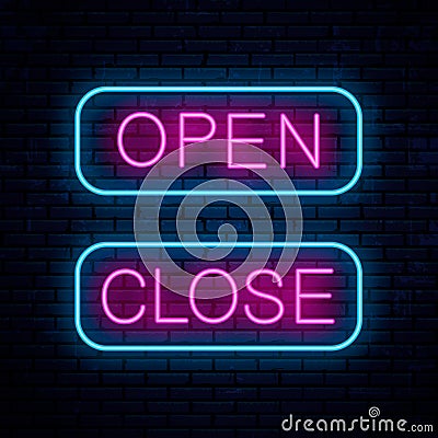 Open and Close. Vector neon signs Vector Illustration