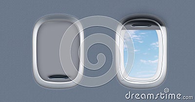 Open and closed airplane portholes, banner Stock Photo