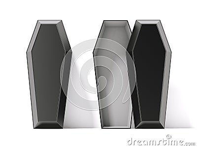 Open and closed black coffins Stock Photo