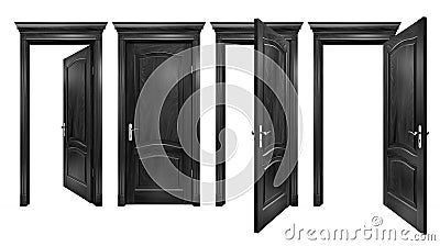 Open and closed black doors with arched panels, cornice, columns. Textured wooden doorways with silver trim, isolated on white Stock Photo