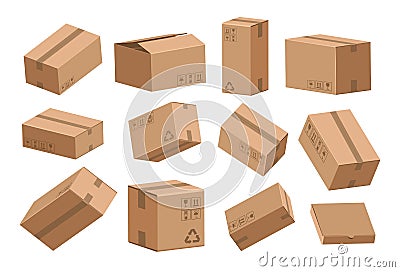 Open and closed box. Cartoon cardboard containers for shipping and storage. View from different sides on packages set Vector Illustration