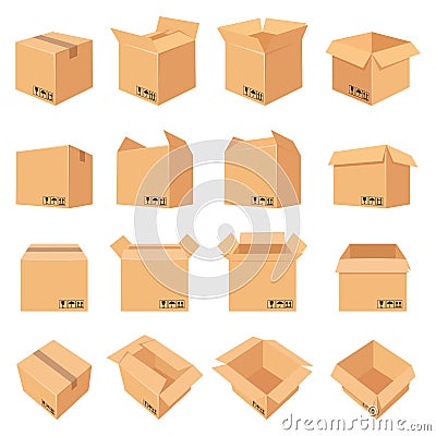 Open and closed cardboard box. Delivery package in side, front and top view. Packaging process. Carton boxes with Vector Illustration