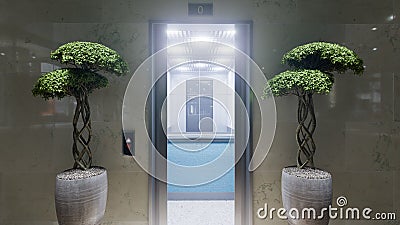 Open and closed chrome metal office building elevator doors concept Stock Photo