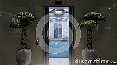 Open and closed chrome metal office building elevator doors concept Stock Photo