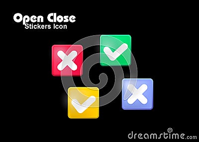 Open closed. 3D sticker icon. Cute stickers for your design on black background. Set icons with check mark cross. Accepted and den Vector Illustration