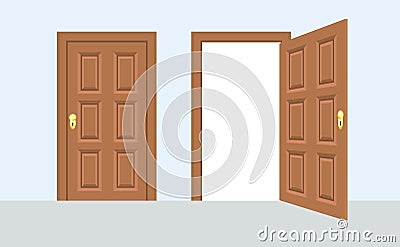 Open and closed door house front. Wooden open entry with shining Vector Illustration