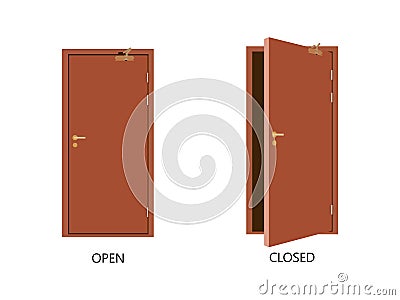 Open and closed door house front. Wooden open entry with shining light. Vector Vector Illustration