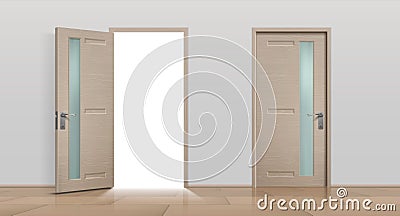 Open and closed doors. Realistic 3D white and brown home and office entry doors. Vector different front doors set Vector Illustration