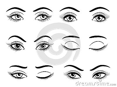 Open and closed female eyes set Vector Illustration