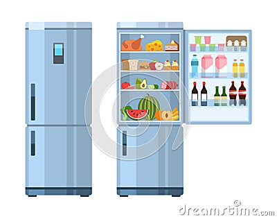 Open and closed fridge. Refrigerator empty and with products, healthy food water and milk, fruit and vegetable, alcohol Vector Illustration