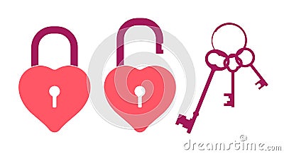 Open and closed heart-shaped lock. Bunch of vintage keys. Flat style vector illustration isolated on white Cartoon Illustration