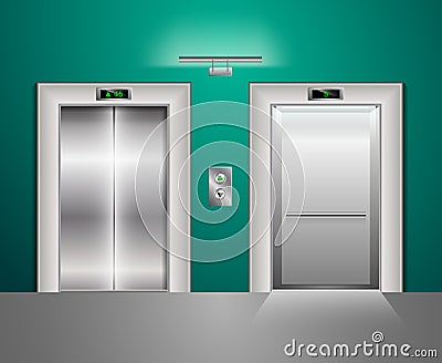 Open and Closed Modern Metal Elevator Doors. Hall Interior in green blue Colors Vector Illustration