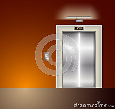 Open and Closed Modern Metal Elevator Doors. Hall Interior in orange Colors Vector Illustration