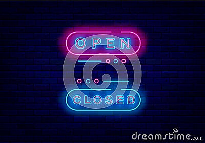 Open and closed neon signs. Welcome emblems for shop, cafe and bar. Shiny banner. Vector stock illustration Vector Illustration