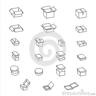 Open closed paper boxes outline. Vector cardboard boxes icon set. Isolated on white, simple graphic illustration. Packageing gift Cartoon Illustration