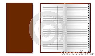 Open and closed Phone book with Latin alphabet on the pages. The pages of the book are lined. Vector Illustration