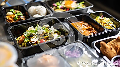 Open and closed plastic disposable takeaway containers with various food ready for deliveries as takeaways surge in coronavirus Stock Photo