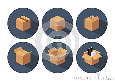 Open and closed recycle brown carton delivery packaging box. Vector Illustration