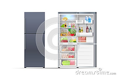 Open and closed refrigerator fridge full of fresh food horizontal isolated Vector Illustration