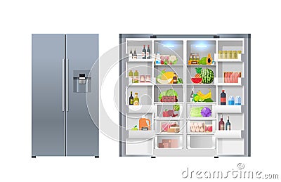 open and closed refrigerator fridge full of fresh food horizontal isolated Vector Illustration