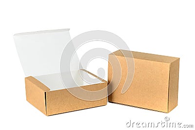 Open and closed two cardboard Box or brown paper box isolated wi Stock Photo