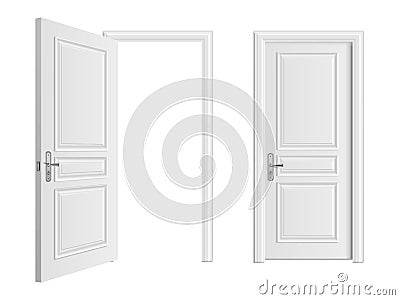 Open and closed white entrance realistic door isolated on white background Vector Illustration