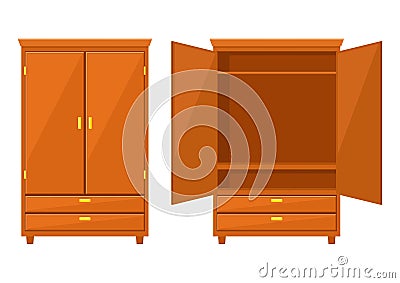 Open and closet wardrobe isolated on white background .Natural wooden Furniture. Wardrobe icon in flat style. Room Vector Illustration