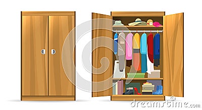 Open closets cupboard wardrobe Vector Illustration