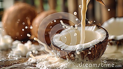 Open coconut shell with pouring liquid with whole coconuts in the background. Generative AI Stock Photo