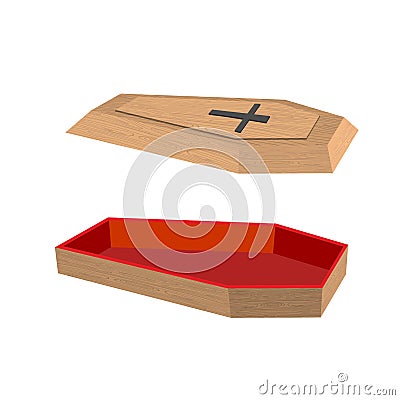 Open coffin on a white background. Lid of a coffin with a cross. Vector Illustration