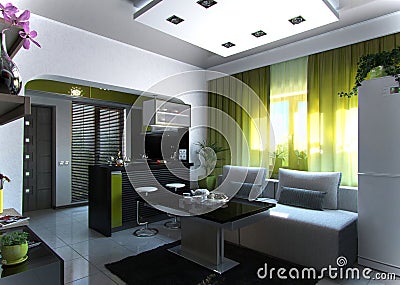 Open Concept Living Room and Kitchen scene 3, 3D Rendering Cartoon Illustration