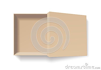 Open craft box. Empty cardboard container template. 3d top view. Blank space inside recycle bio pakage mockup. Closeup Vector Illustration