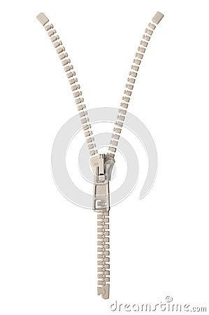 Open creamy white ivory zipper pull concept unzip metaphor, isolated macro closeup detail, large detailed partially opened Stock Photo