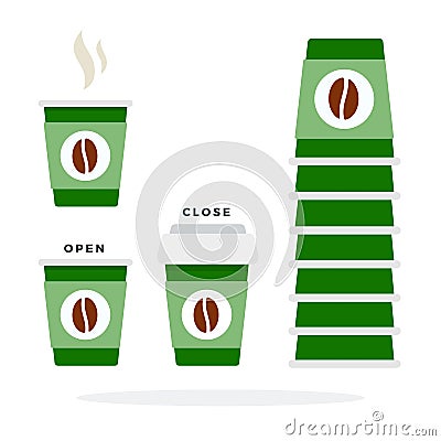 Plastic open and close coffee cups in green color vector flat isolated Stock Photo