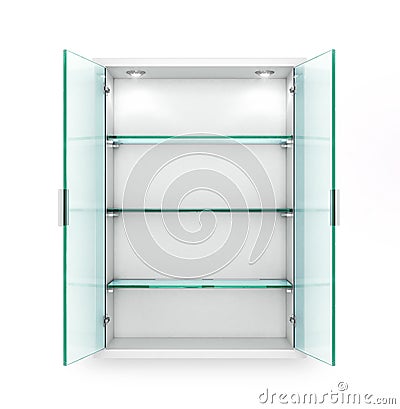 Open cupboard with empty glass shelves. Cartoon Illustration