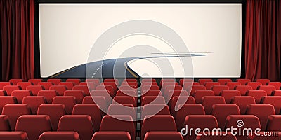 Open curtain and screen of the cinema with a road to nowhere. 3d Cartoon Illustration