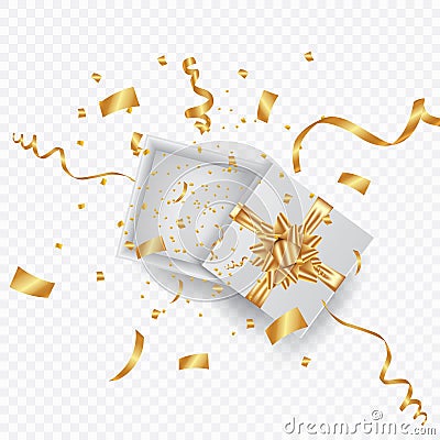 Open 3d realistic gift box with gold ribbon and confetti. Vector illustration. Vector Illustration