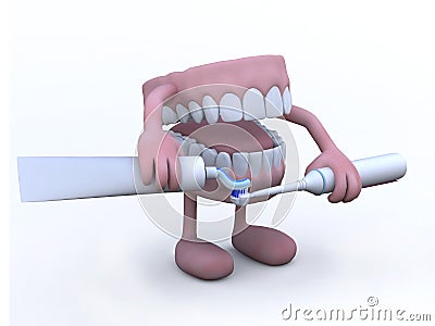 Open denture with toothpaste tube and electric toothbrush Cartoon Illustration