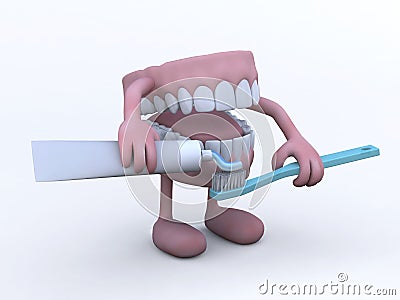 Open denture with toothpaste tube and toothbrush Cartoon Illustration