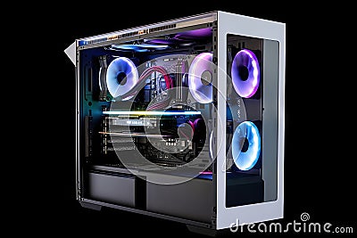 open desktop computer pc modify cooling version led rgb lighting show status working mode black computer tower case isolated white Stock Photo