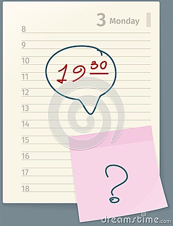 Open diary with meeting notes, planner or notebook. Write pen in wish book, question mark Vector Illustration