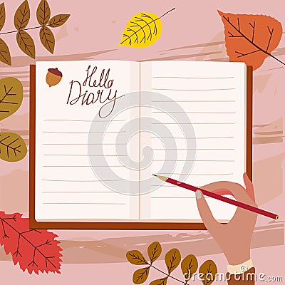 Open Daily Diary notepad, hand of a girl with a pencil, list schedule, goals, to do, acorn, autumn leaves. Personal Vector Illustration